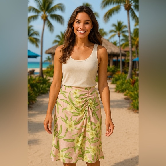 Tommy Bahama Dresses & Skirts - TOMMY BAHAMA SILK FLORAL RUCHED A-LINE SKIRT SMALL PINK GREEN YELLOW RESORT WEAR